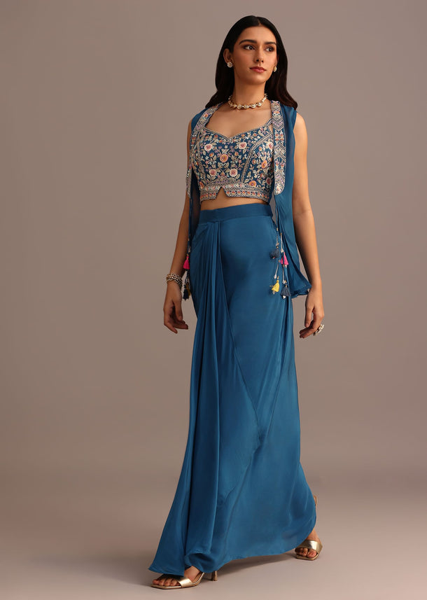 Blue Embroidered Croptop With Drape Skirt And Organza Jacket