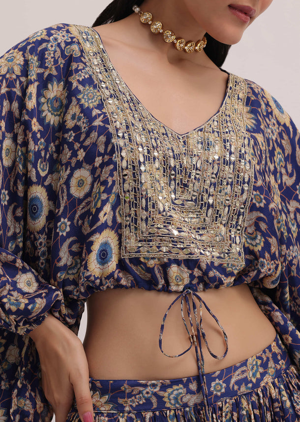 Blue Embroidered Croptop With Printed Skirt