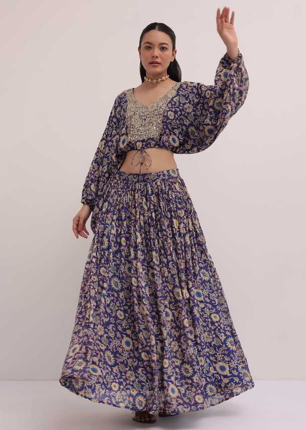 Blue Embroidered Croptop With Printed Skirt