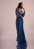 Blue Embroidered Drape Skirt And Blouse Set With Jacket In Polyester
