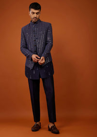 Midnight Blue Embroidered Indo-Western Bandi Set In Georgette