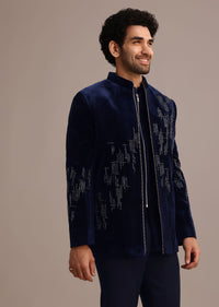 Blue Embroidered Indo Western Set in Velvet