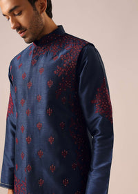 Blue Embroidered Jacket Kurta Set in Cotton Silk