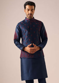 Blue Embroidered Jacket Kurta Set in Cotton Silk