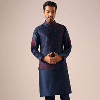 Blue Embroidered Jacket Kurta Set in Cotton Silk