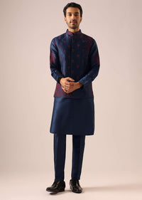 Blue Embroidered Jacket Kurta Set in Cotton Silk