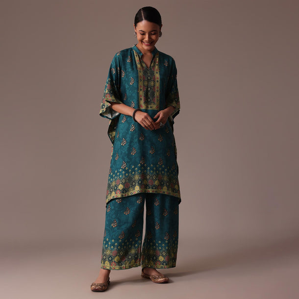 Blue Embroidered Kaftan Cotton Silk Co Ord Set