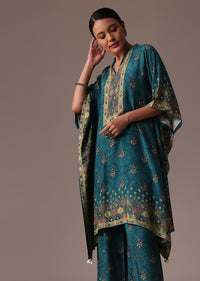Blue Embroidered Kaftan Cotton Silk Co Ord Set