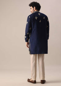 Blue Embroidered Kurta Set In Mysore Silk