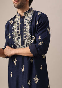 Blue Embroidered Kurta Set In Mysore Silk