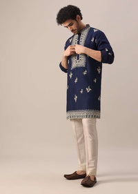 Blue Embroidered Kurta Set In Mysore Silk