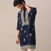 Blue Embroidered Kurta Set In Mysore Silk