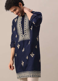 Blue Embroidered Kurta Set In Mysore Silk