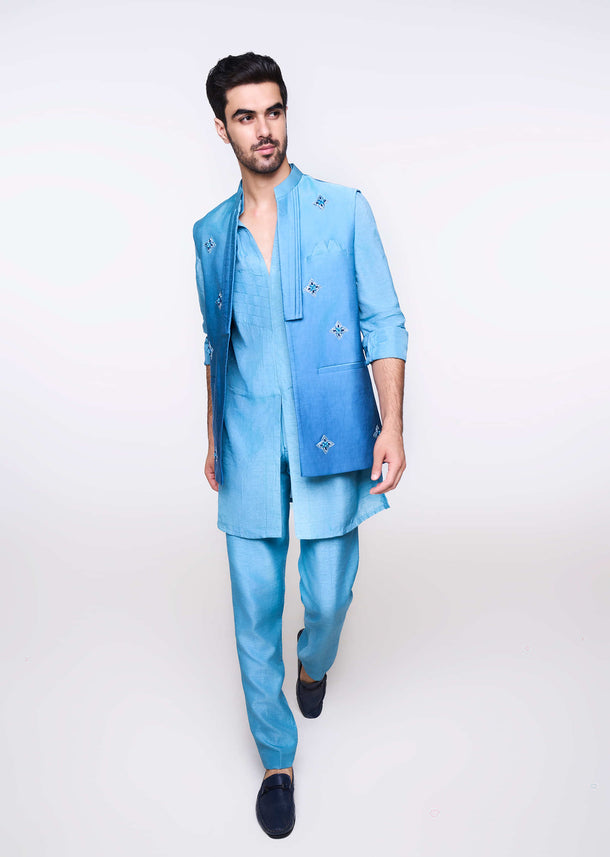 Blue Ombre Hand Embroidered Bandi And Kurta Set