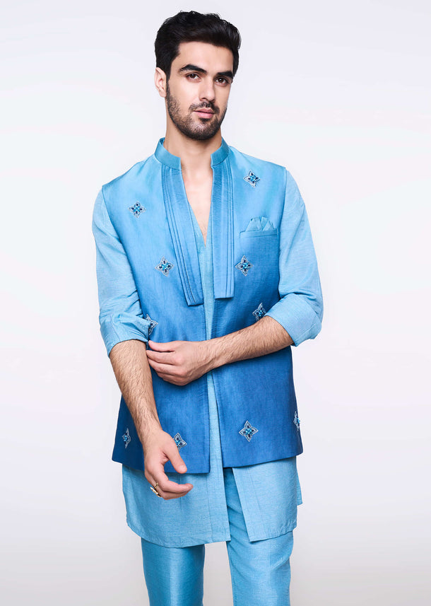 Blue Ombre Hand Embroidered Bandi And Kurta Set