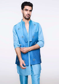 Blue Ombre Hand Embroidered Bandi And Kurta Set