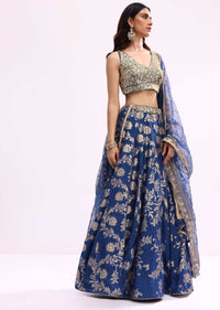 Blue Embroidered Net Lehenga Choli Set