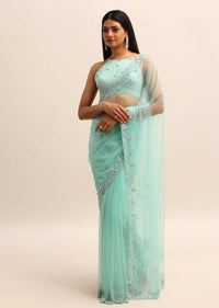 Blue Embroidered Net Saree With Unstitched Blouse