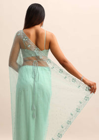 Blue Embroidered Net Saree With Unstitched Blouse