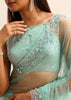 Blue Embroidered Net Saree With Unstitched Blouse