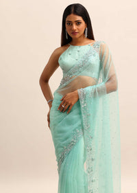 Blue Embroidered Net Saree With Unstitched Blouse