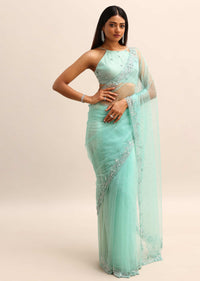 Blue Embroidered Net Saree With Unstitched Blouse