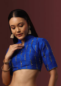 Blue Embroidered Raw Silk Blouse