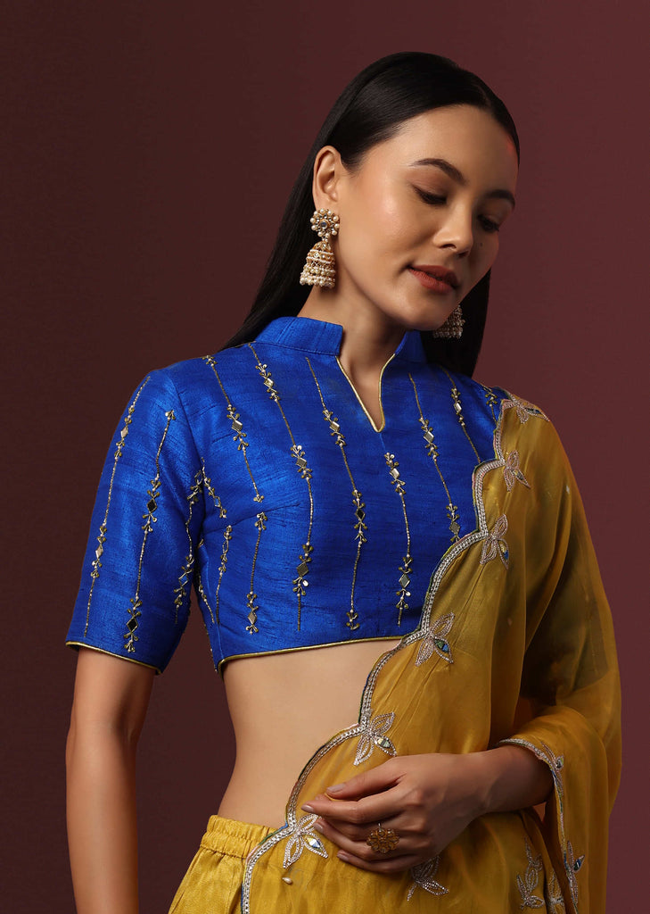 Blue Embroidered Raw Silk Blouse