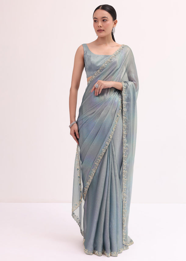 Blue Embroidered Saree With Unstitched Blouse