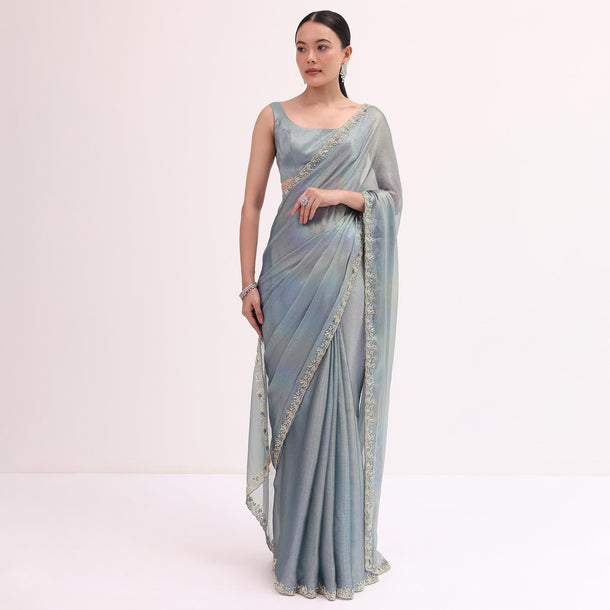 Blue Embroidered Saree With Unstitched Blouse