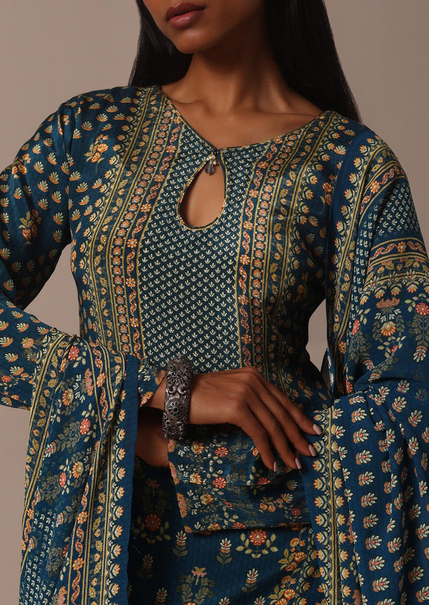Blue Embroidered Sharara Set With Printed And Stone Work Kurta