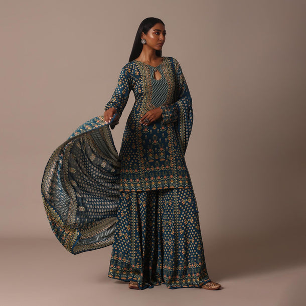 Blue Embroidered Sharara Set With Printed And Stone Work Kurta