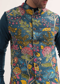 Blue Embroidered Silk Kurta Jacket Set For Men