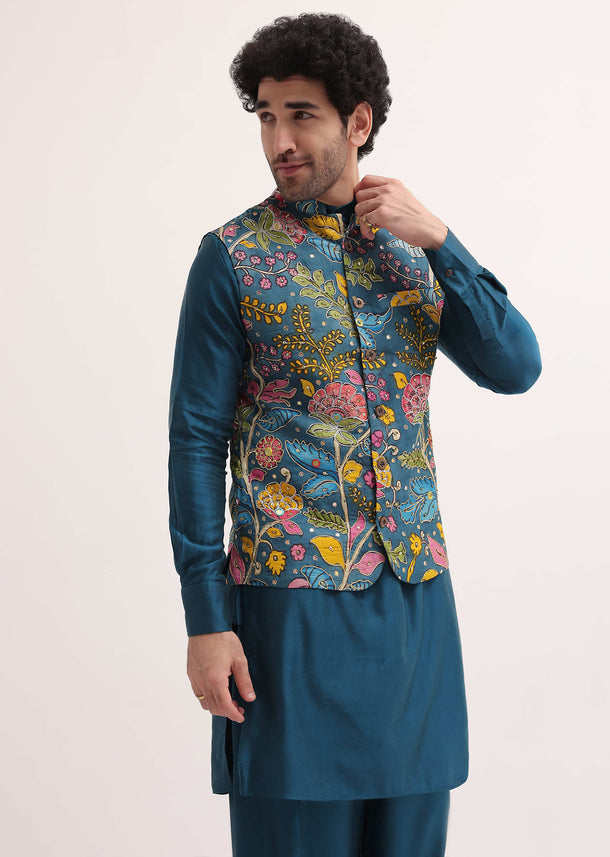 Blue Embroidered Silk Kurta Jacket Set For Men