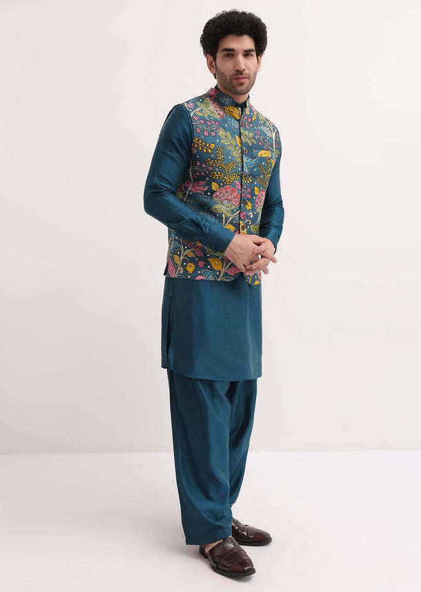 Blue Embroidered Silk Kurta Jacket Set For Men