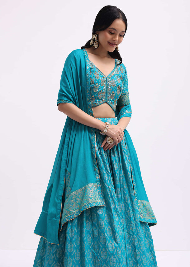 Blue Embroidered Silk Lehenga Choli Set