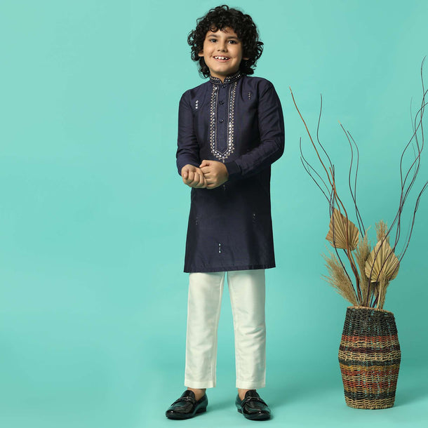 Blue Festive Embroidered Kurta Set For Boys