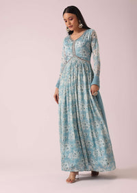 Blue Firozi Floral Print Anarkali Set In Chinon