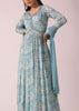 Blue Firozi Floral Print Anarkali Set In Chinon