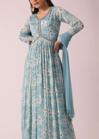 Blue Firozi Floral Print Anarkali Set In Chinon