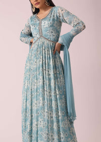 Blue Firozi Floral Print Anarkali Set In Chinon