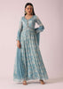 Blue Firozi Floral Print Anarkali Set In Chinon