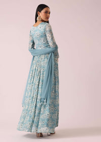 Blue Firozi Floral Print Anarkali Set In Chinon