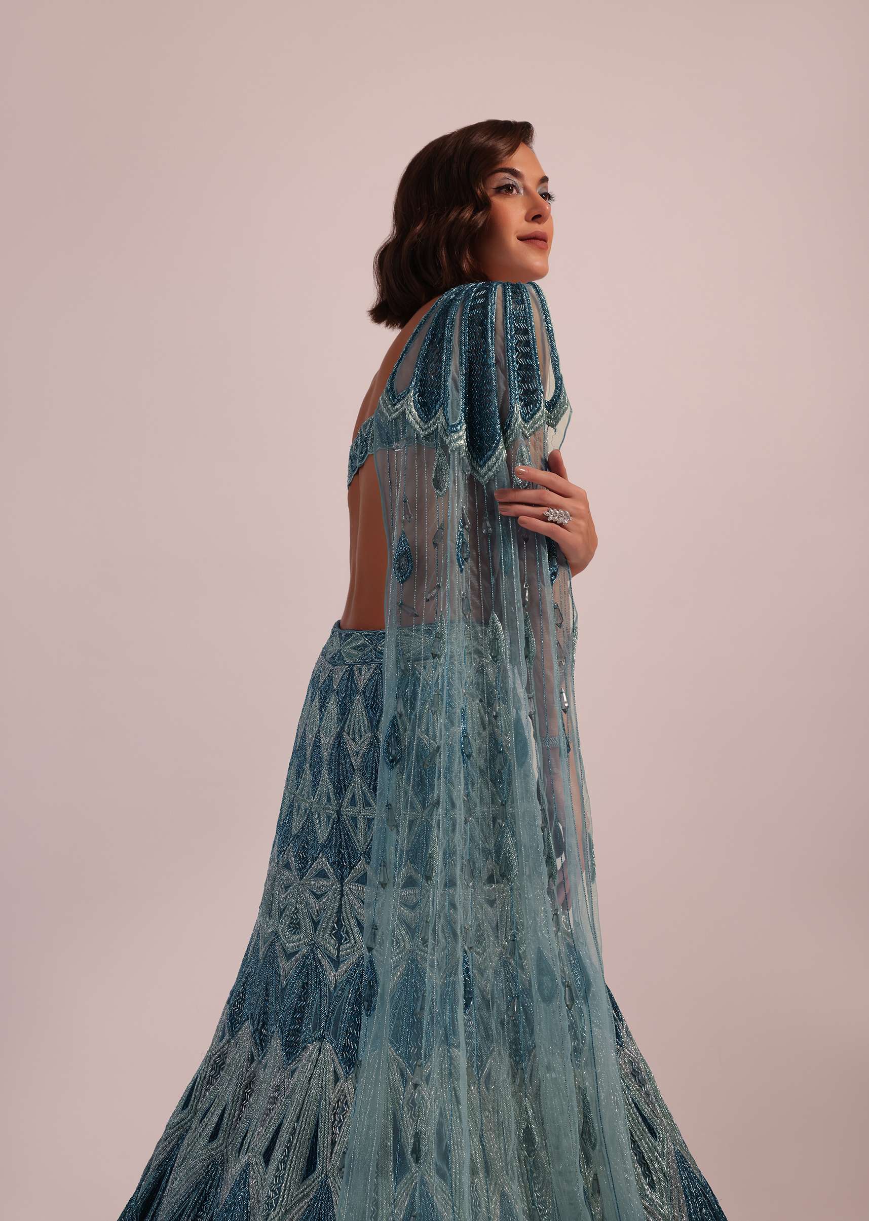 Blue Fish Cut Bridal Lehenga Set In Net With Hand Embroidery