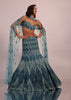 Blue Fish Cut Bridal Lehenga Set In Net With Hand Embroidery