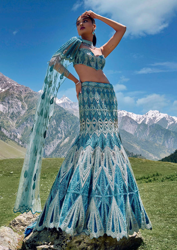 Blue Fish Cut Bridal Lehenga Set In Net With Hand Embroidery