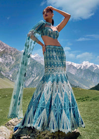 Blue Fish Cut Bridal Lehenga Set In Net With Hand Embroidery