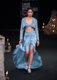 Blue Fish Cut Gathered Zardosi Draped Skirt And Tassel Jacket Set