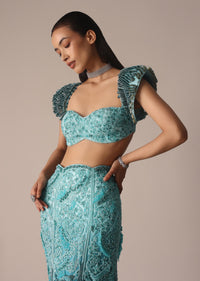 Blue Fish Cut Ombre Trail Skirt And Tassel Embellished Blouse