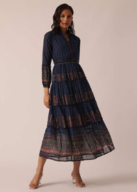 Blue Flared Kurti With Printed Detail And Belt